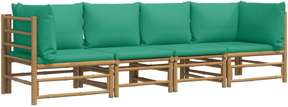 Lauko baldų komplektas Sodo komplektas su žaliomis pagalvėlėmis, 4 dalių, bambukas