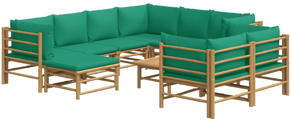 Lauko baldų komplektas Sodo komplektas su žaliomis pagalvėlėmis, 10 dalių, bambukas