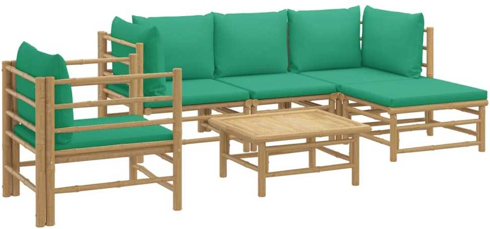 Lauko baldų komplektas Sodo komplektas su žaliomis pagalvėlėmis, 6 dalių, bambukas