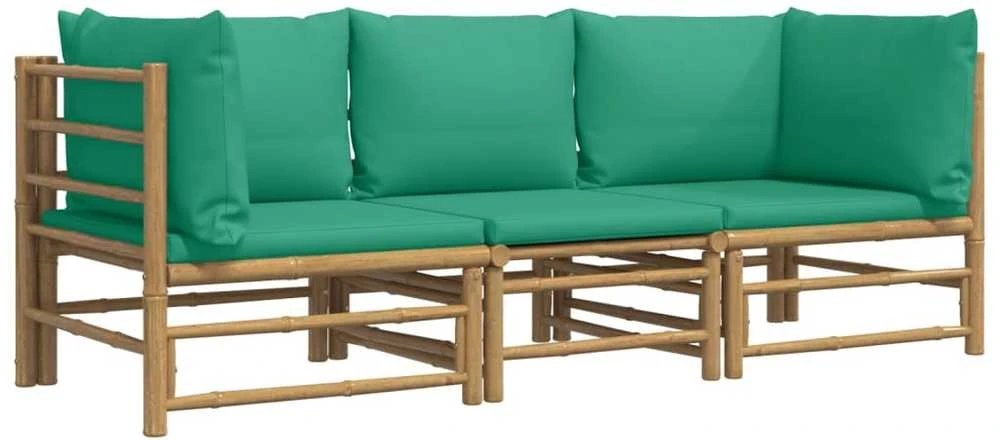 Lauko baldų komplektas Sodo komplektas su žaliomis pagalvėlėmis, 3 dalių, bambukas