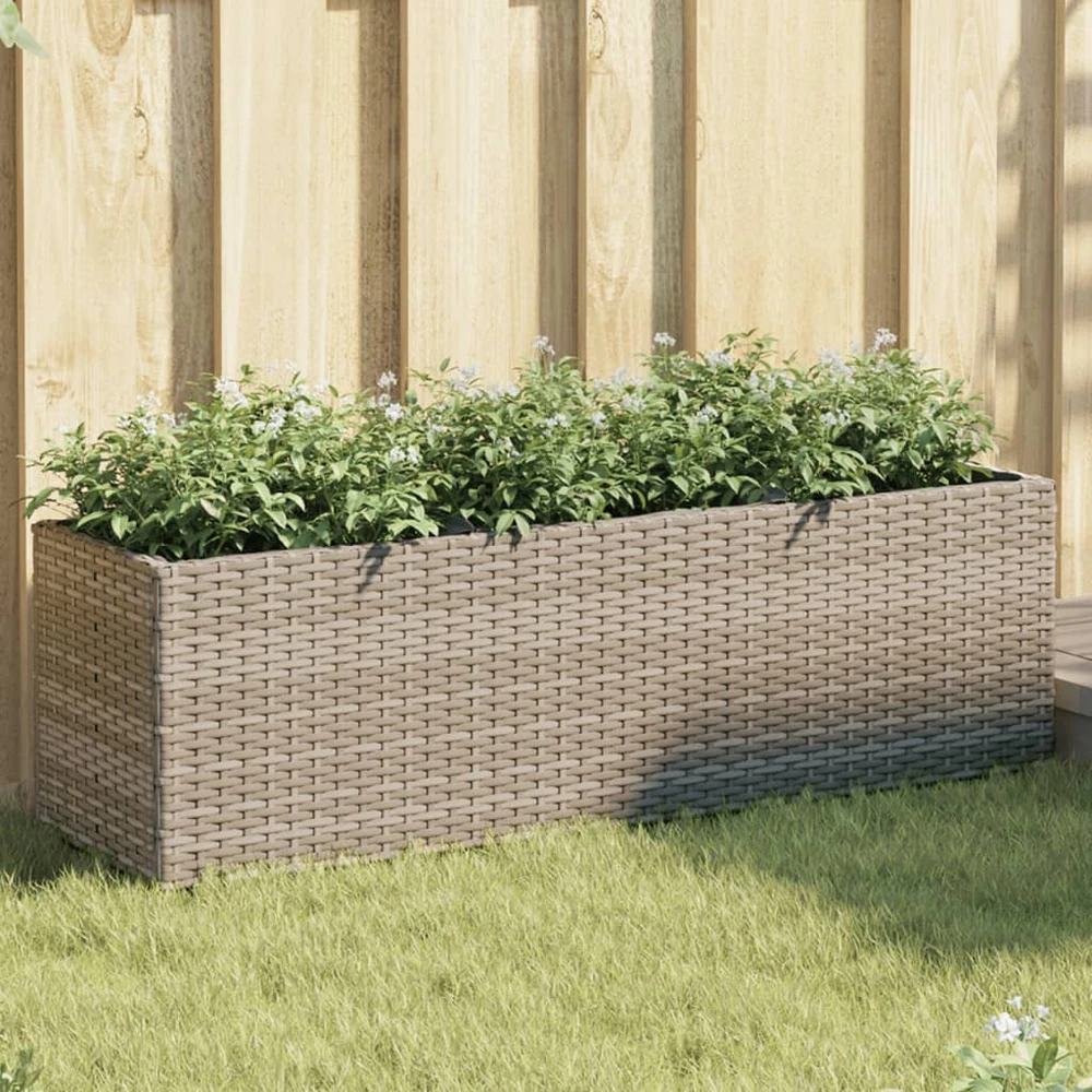 Sodo lovelis su 3 vazonais, pilkas, 105x30x32cm, poliratanas