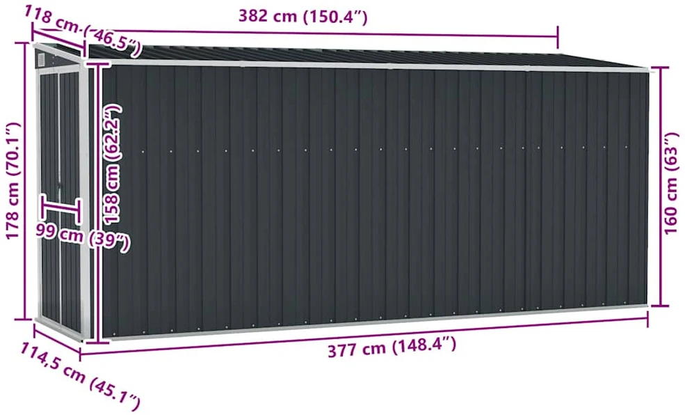 Sodo pašiūrė, antracito spalvos, 118x382x178cm, plienas