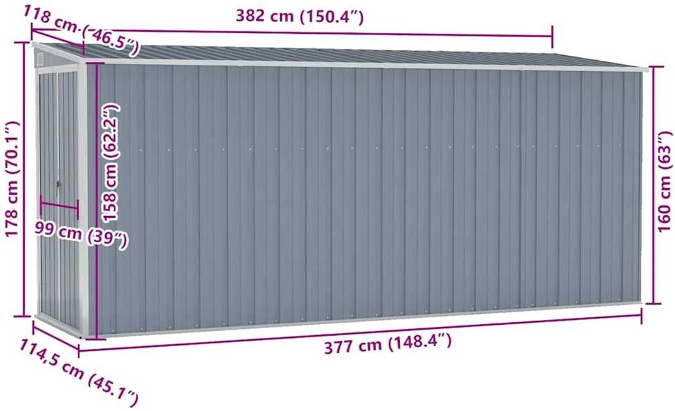 Sodo pašiūrė, pilka, 118x382x178cm, galvanizuotas plienas