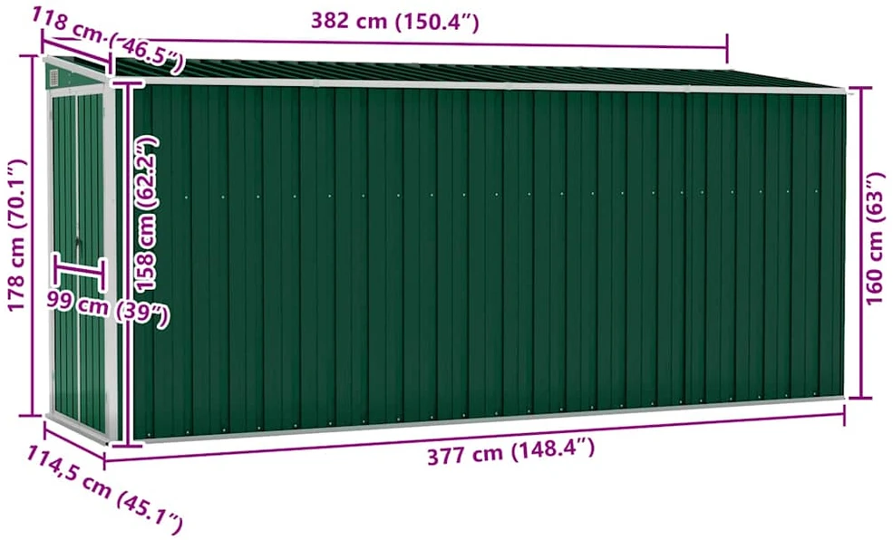 Sodo pašiūrė, žalia, 118x382x178cm, galvanizuotas plienas