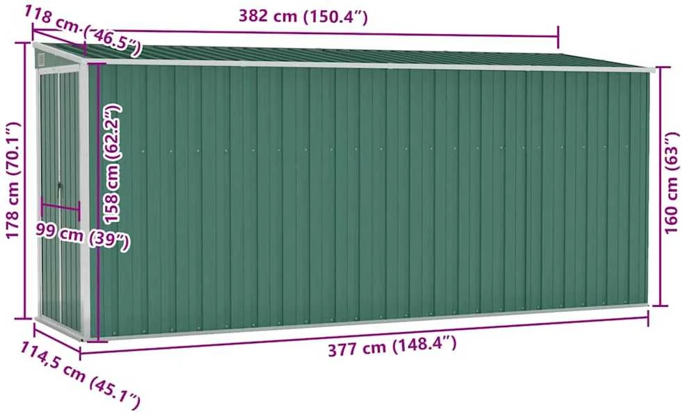 Sodo pašiūrė, žalia, 118x382x178cm, galvanizuotas plienas