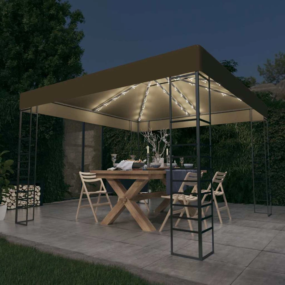 Sodo pavėsinė su lempučių girliandomis LED, taupe, 3x3m