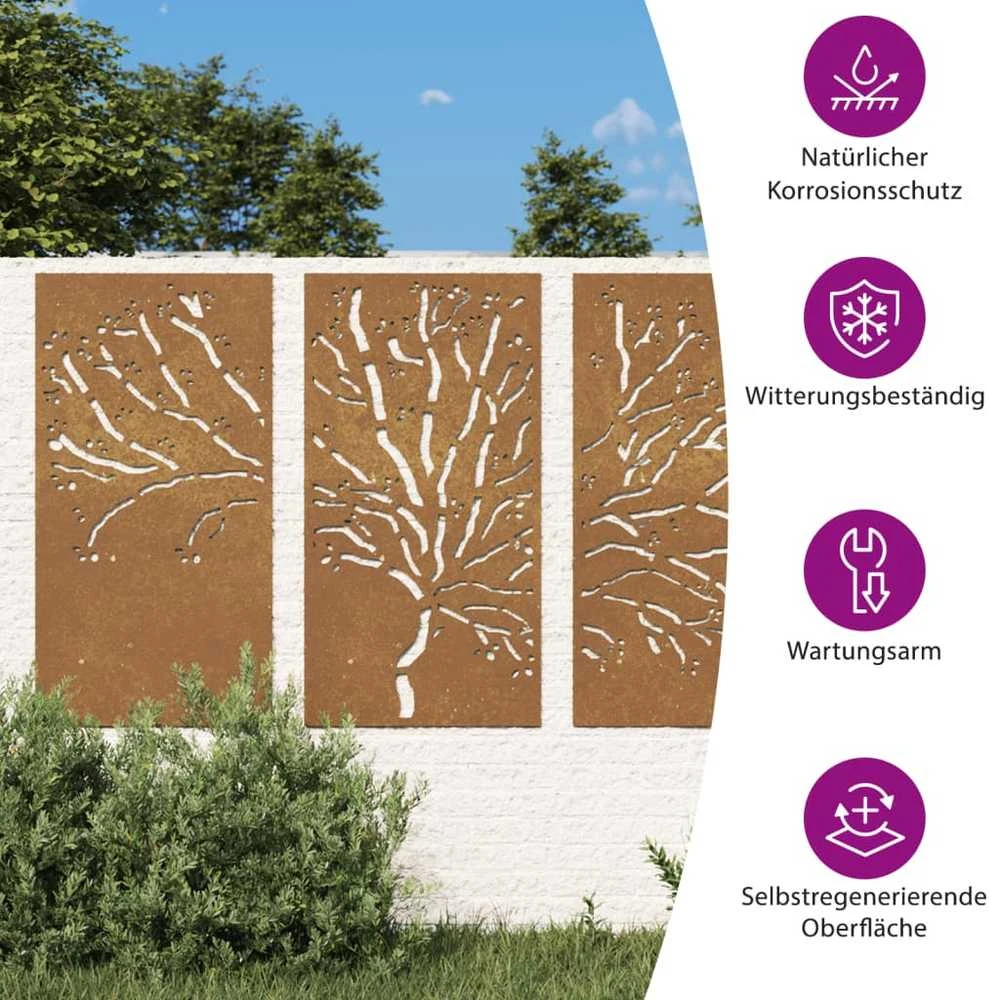 Sodo sienos dekoracija, 3 dalių, 105x55cm, corten plienas