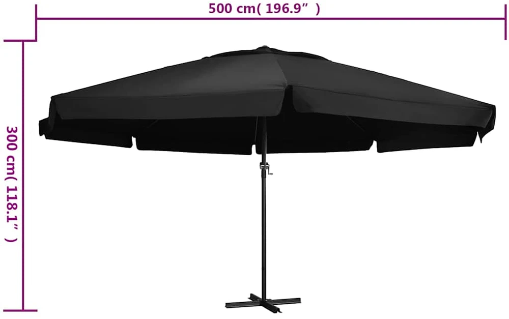 Sodo skėtis nuo saulės ir aliuminio stulpu, juodas, 500cm