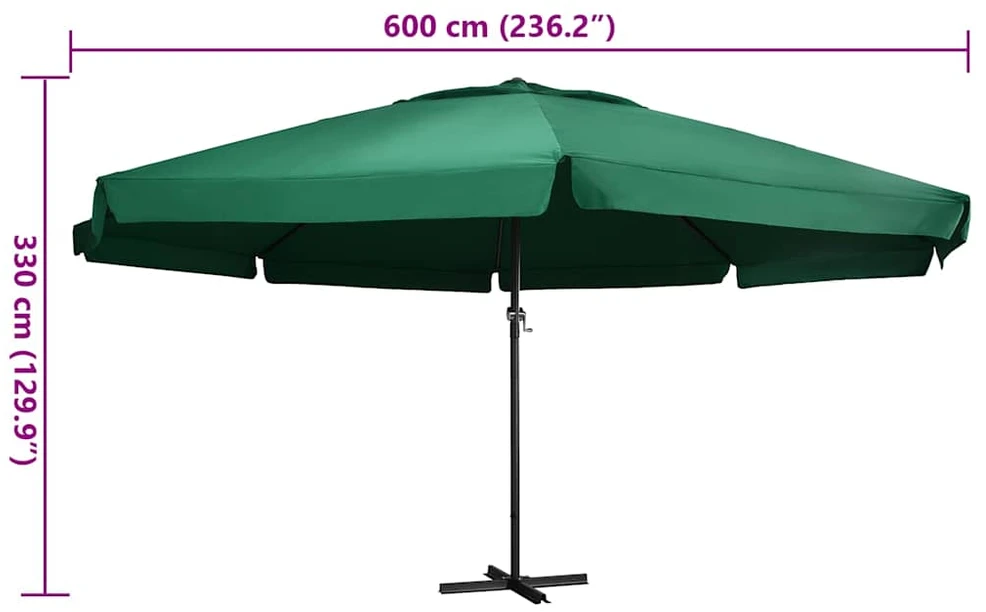 Sodo skėtis nuo saulės su aliuminio stulpu, žalias, 600cm
