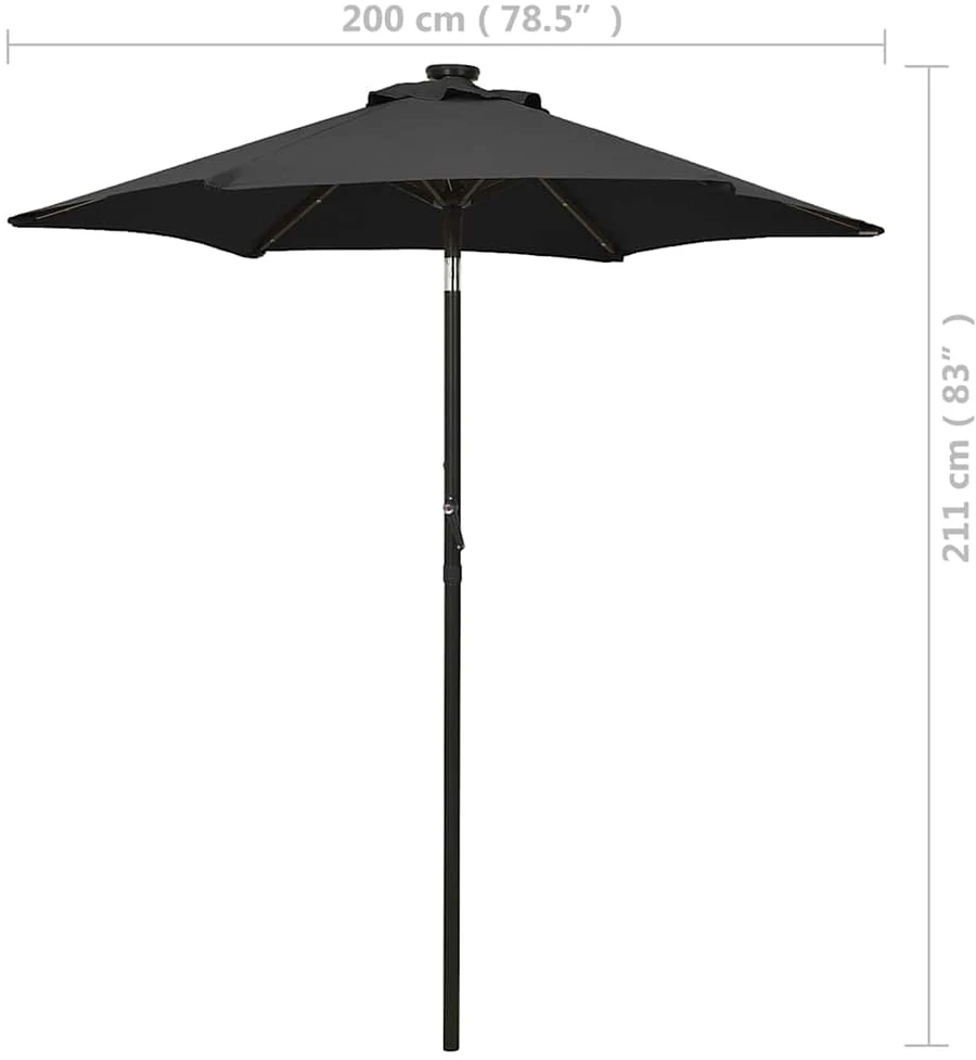 Sodo skėtis nuo saulės su LED, juodas, 200x211cm, aliuminis