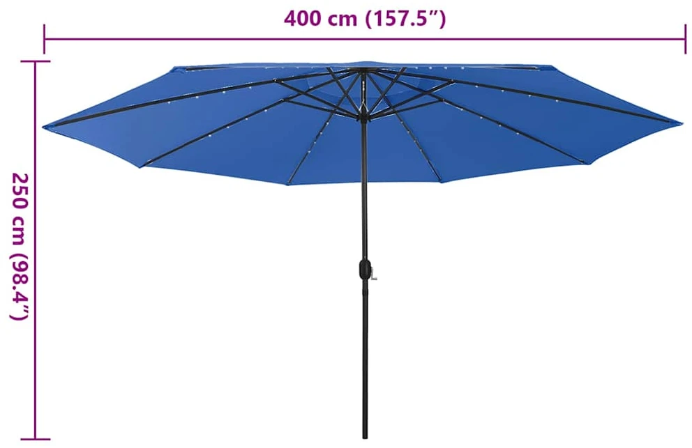 Lauko skėtis su LED ir metaliniu stulpu, mėlynas, 400cm