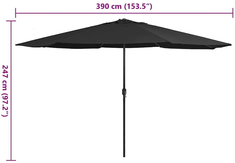 Sodo skėtis nuo saulės su metaliniu stulpu, juodas, 390cm