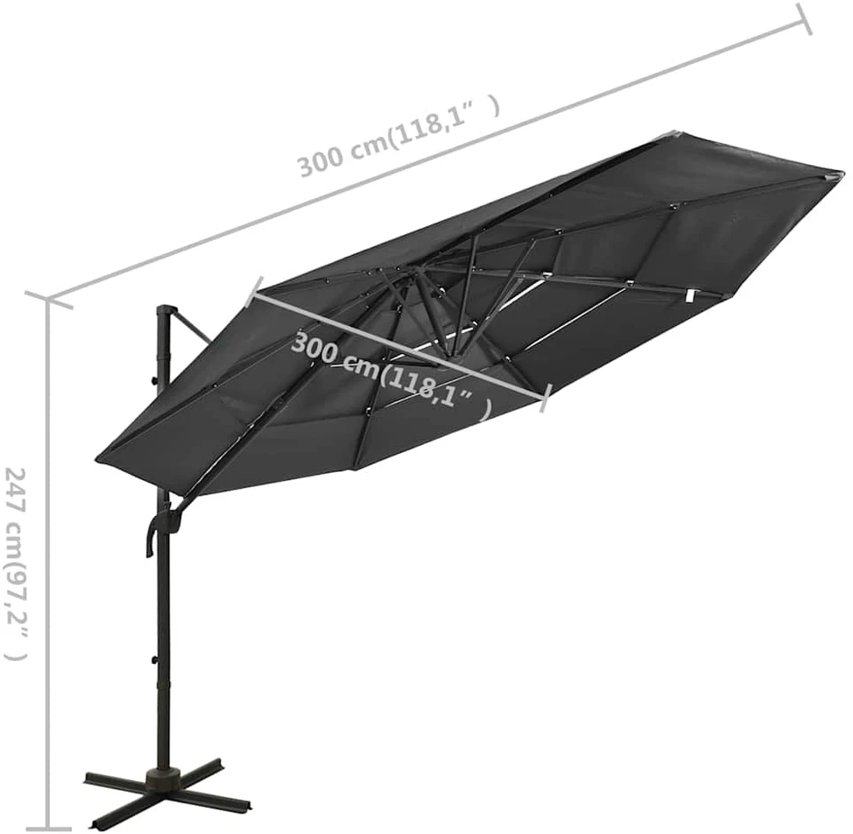 Sodo skėtis su aliuminio stulpu, antracito, 3x3m, 4 aukščių