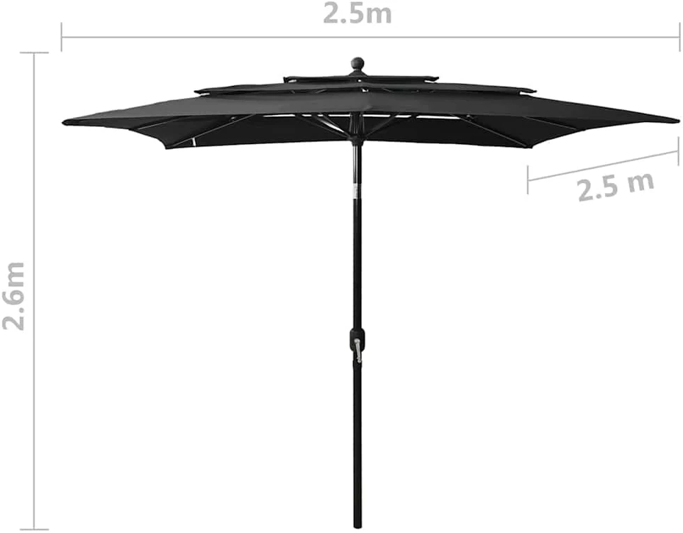Sodo skėtis su aliuminio stulpu, juodas, 2,5x2,5m, 3 aukščių