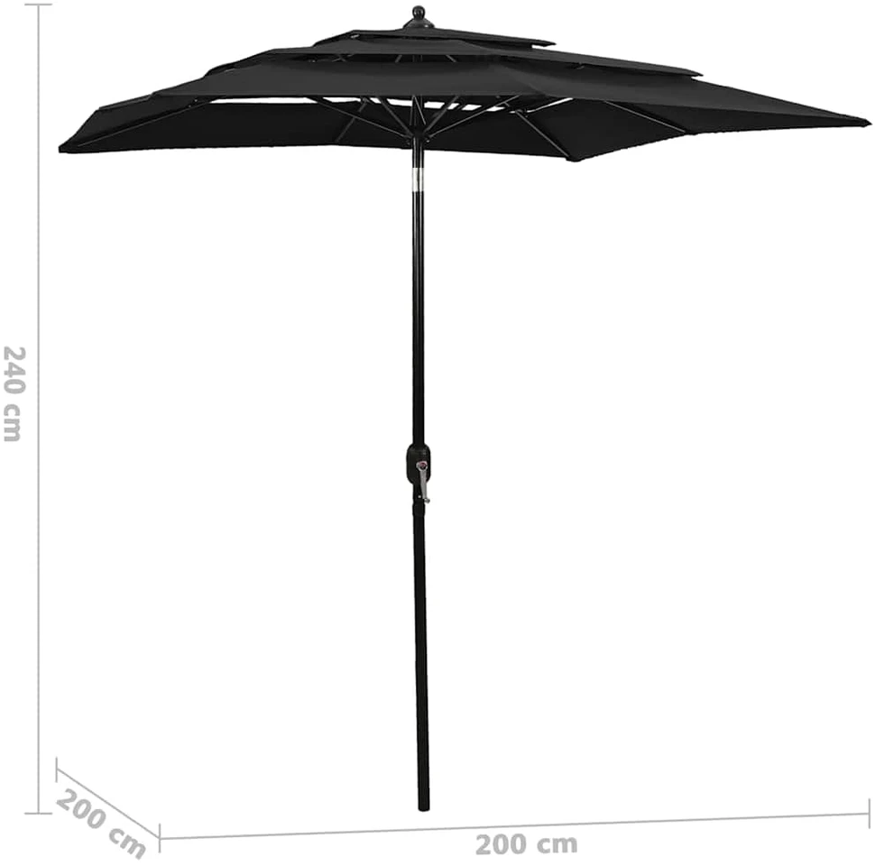 Sodo skėtis su aliuminio stulpu, juodas, 2x2m, 3 aukščių