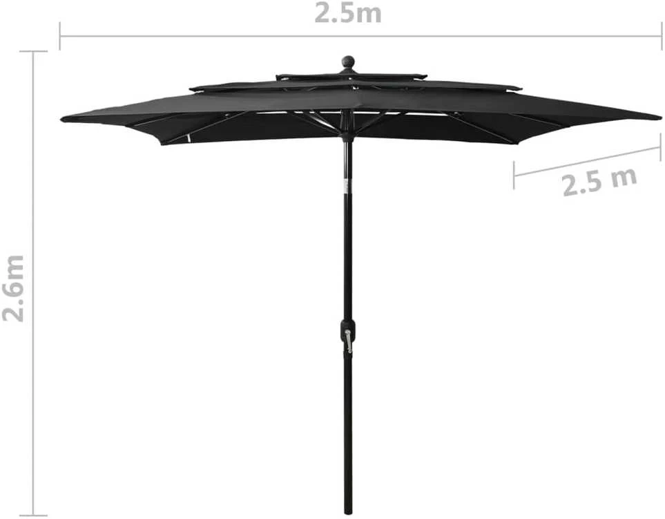 Sodo skėtis su aliuminio stulpu, juodas, 2,5x2,5m, 3 aukščių