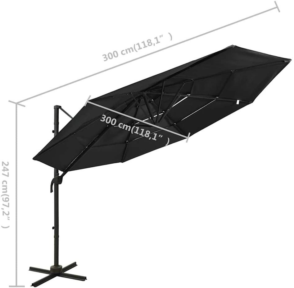 Sodo skėtis su aliuminio stulpu, juodas, 3x3m, 4 aukščių