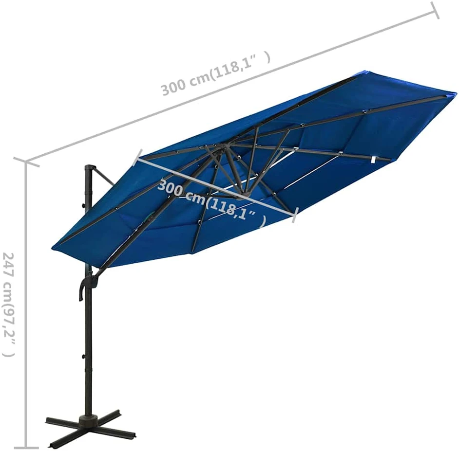 Sodo skėtis su aliuminio stulpu, mėlynas, 3x3m, 4 aukščių