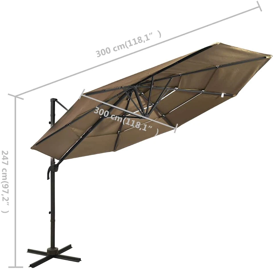 Sodo skėtis su aliuminio stulpu, taupe, 3x3m, 4 aukščių