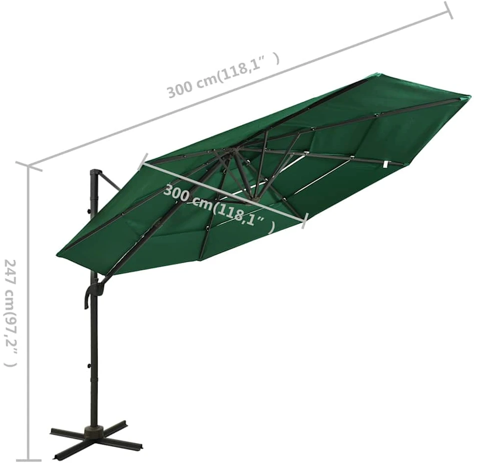 Sodo skėtis su aliuminio stulpu, žalias, 3x3m, 4 aukščių
