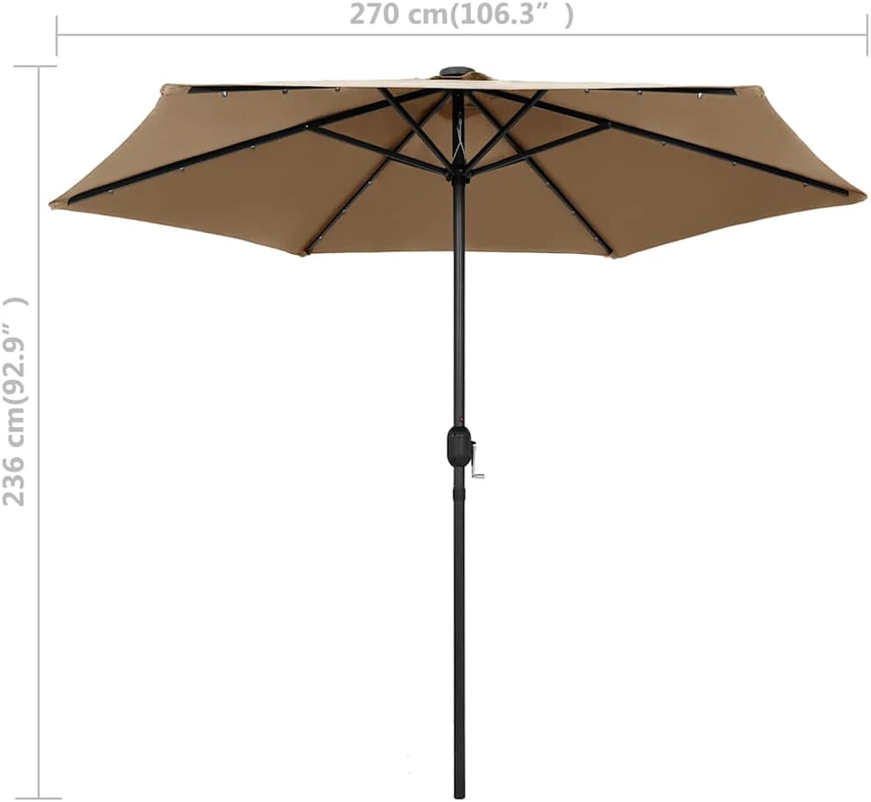 Sodo skėtis su LED ir aliuminio stulpu, taupe, 270cm