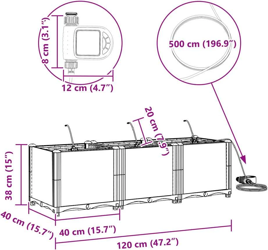 Sodo vazonas 3 vnt. Pilka 120 x 40 x 37,5 cm PP
