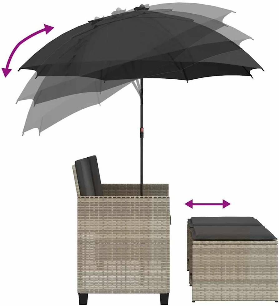 sodo sofa 2-vietė su skėčiu ir kėdėmis šviesiai pilkos spalvos