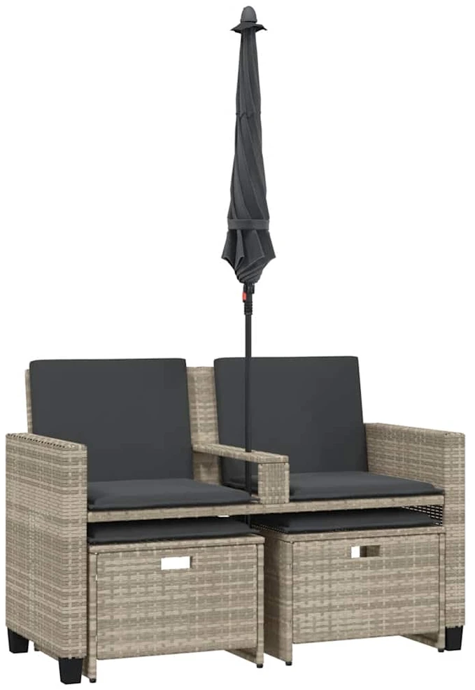 sodo sofa 2-vietė su skėčiu ir kėdėmis šviesiai pilkos spalvos