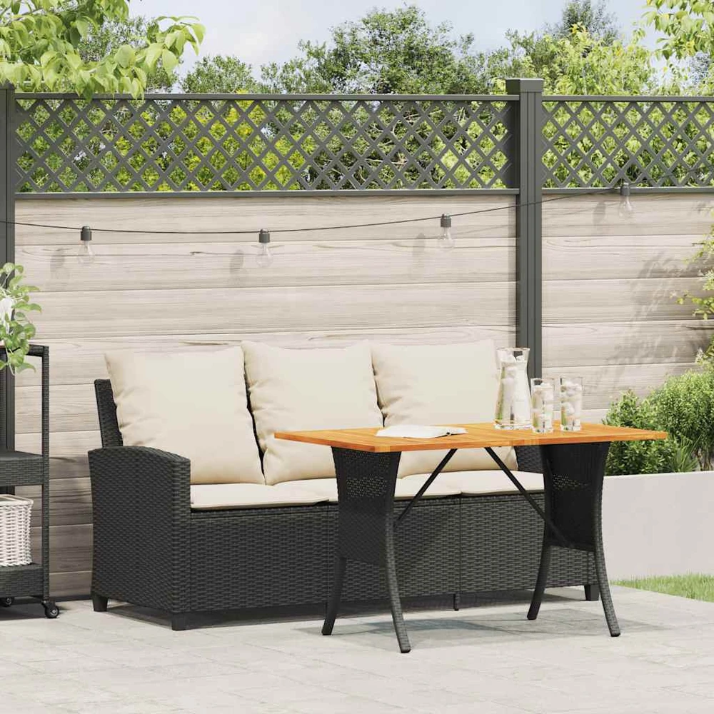 Sodo sofa, 3 vietų, su pagalvėlėmis ir stalu, juoda, poliratanas