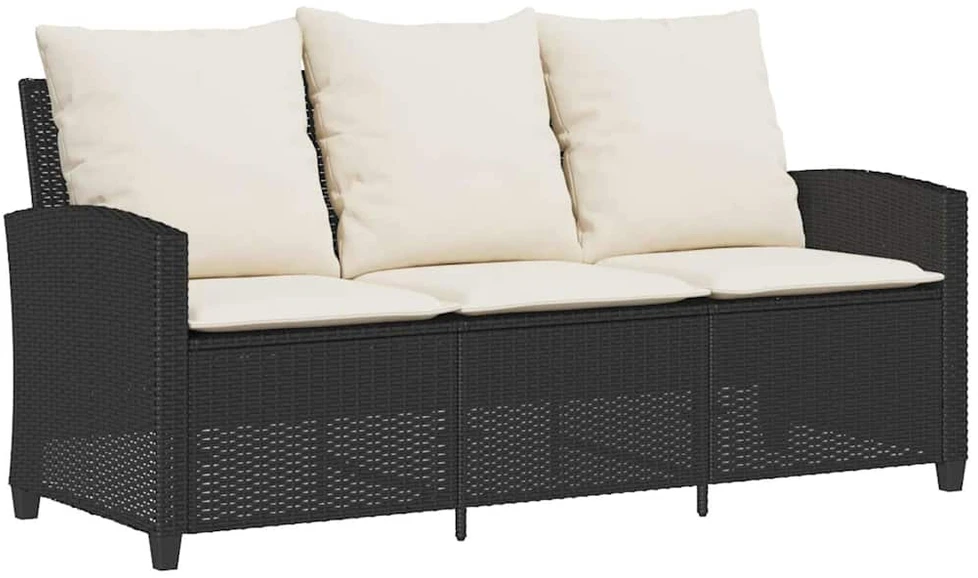 Sodo sofa, 3 vietų, su pagalvėlėmis ir stalu, juoda, poliratanas