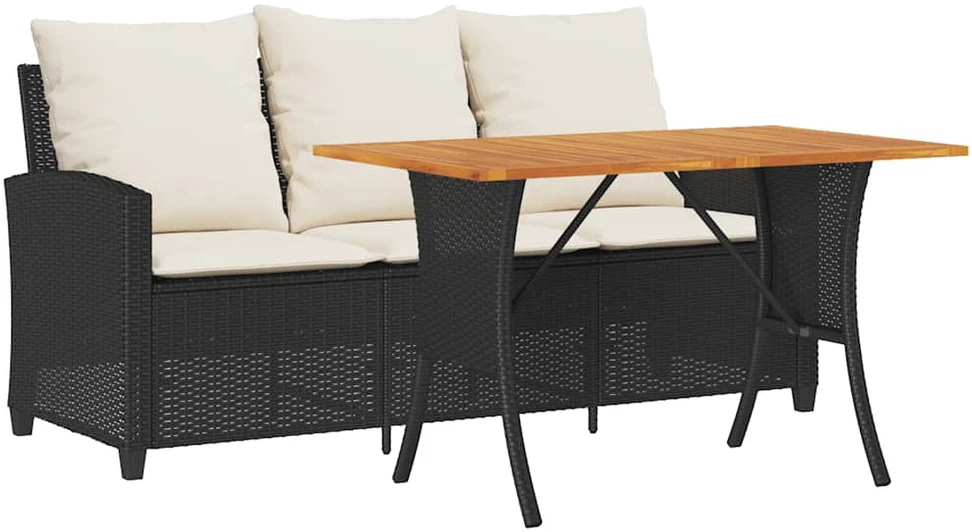 Sodo sofa, 3 vietų, su pagalvėlėmis ir stalu, juoda, poliratanas