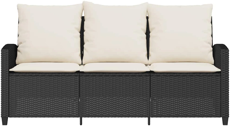 Sodo sofa, 3 vietų, su pagalvėlėmis ir stalu, juoda, poliratanas