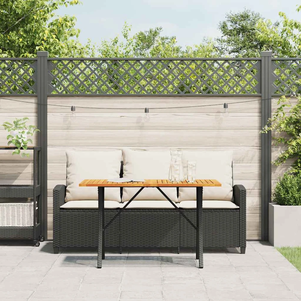 Sodo sofa, 3 vietų, su pagalvėlėmis ir stalu, juoda, poliratanas