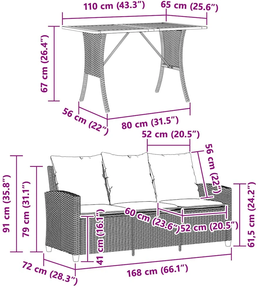 Sodo sofa, 3 vietų, su pagalvėlėmis ir stalu, juoda, poliratanas