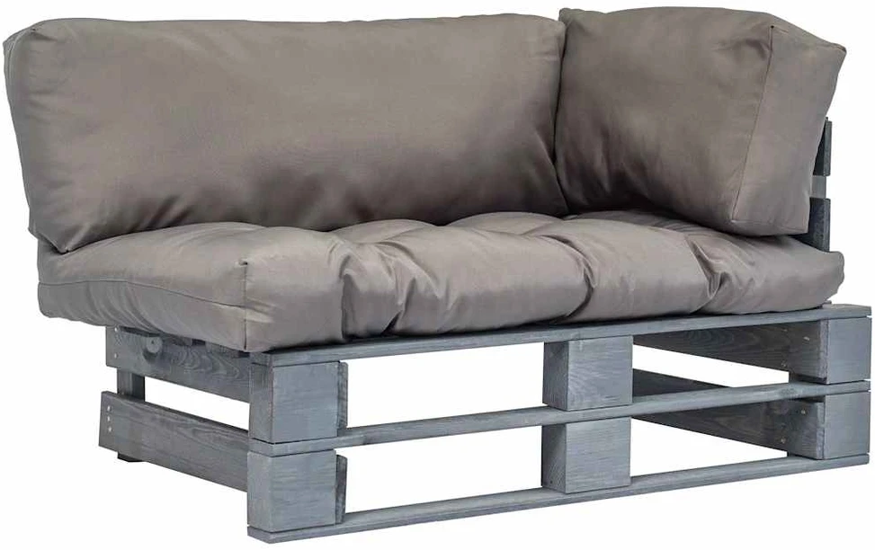 Sodo sofa iš palečių su pilkomis pagalvėlėmis, pušies mediena
