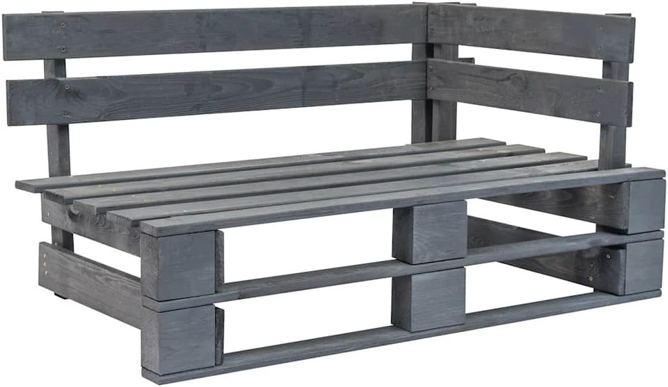 Sodo sofa iš palečių su pilkomis pagalvėlėmis, pušies mediena