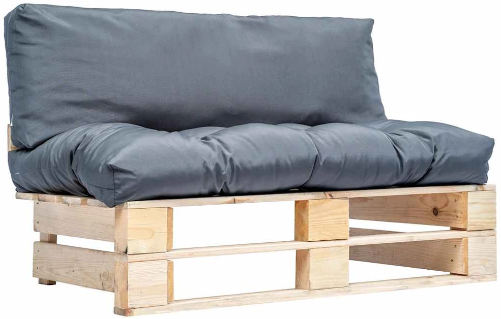 Sodo sofa iš palečių su pilkomis pagalvėlėmis, pušies mediena