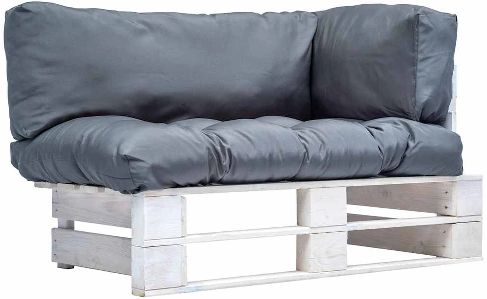 Sodo sofa iš palečių su pilkomis pagalvėlėmis, pušies mediena