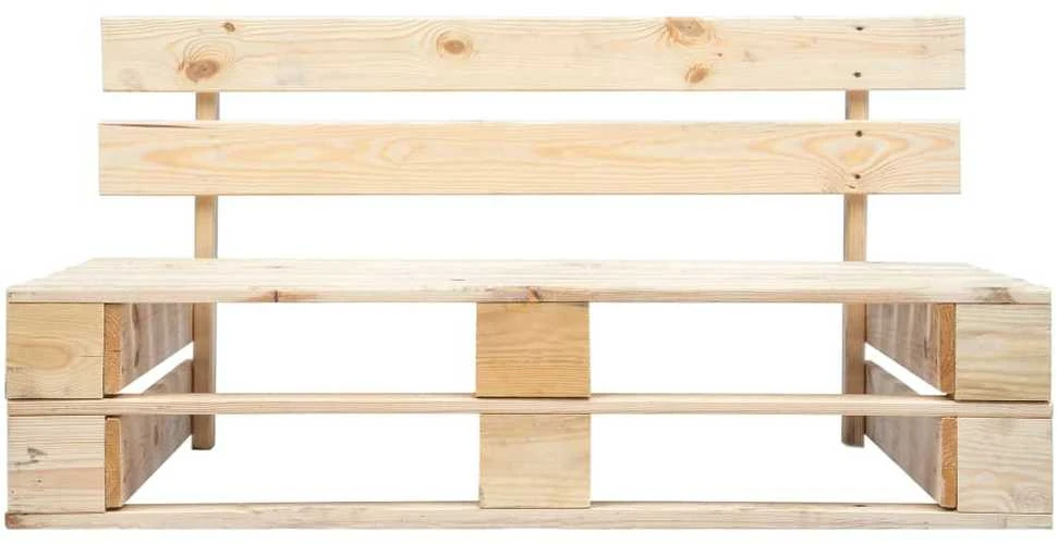 Sodo sofa iš palečių su raudonomis pagalvėlėmis, pušies mediena