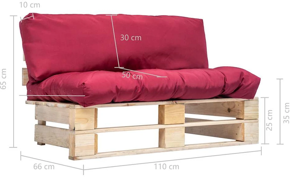 Sodo sofa iš palečių su raudonomis pagalvėlėmis, pušies mediena