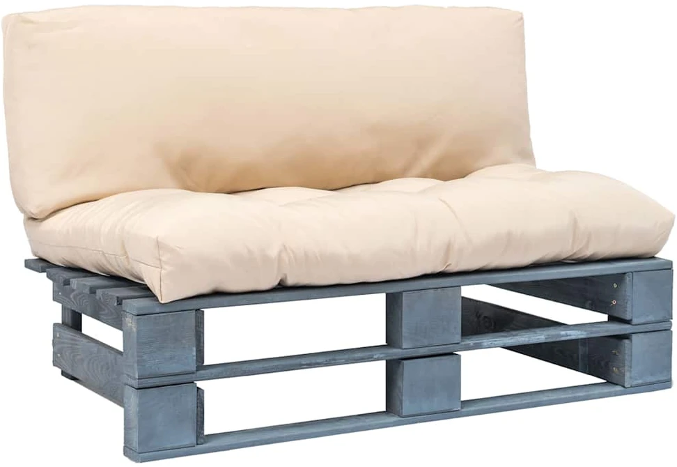 Sodo sofa iš palečių su smėlio pagalvėlėmis, pušies mediena