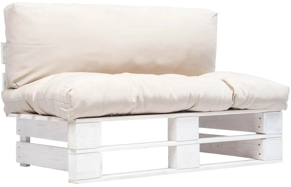 Sodo sofa iš palečių su smėlio pagalvėlėmis, pušies mediena