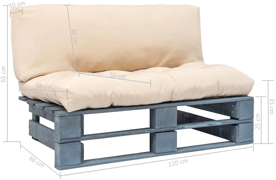 Sodo sofa iš palečių su smėlio pagalvėlėmis, pušies mediena