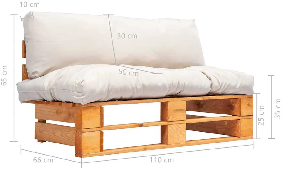 Sodo sofa iš palečių su smėlio pagalvėlėmis, pušies mediena