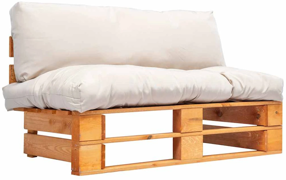 Sodo sofa iš palečių su smėlio pagalvėlėmis, pušies mediena