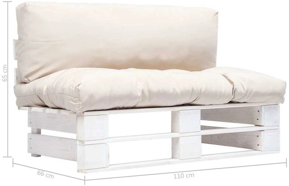 Sodo sofa iš palečių su smėlio pagalvėlėmis, pušies mediena