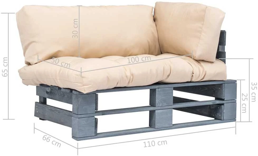 Sodo sofa iš palečių su smėlio pagalvėlėmis, pušies mediena
