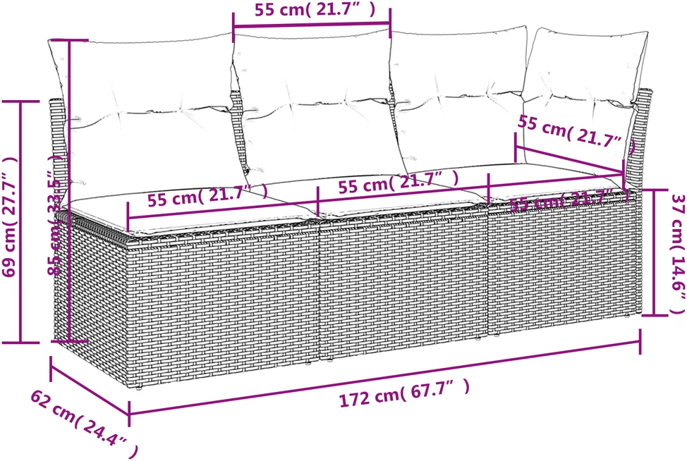 Sodo sofa su pagalve Pilka 172 x 62 x 69 cm Poli ratanas