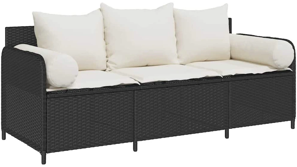 Sodo sofa su pagalvėlėmis, 3 sėdimos vietos, juodas, poliratanas