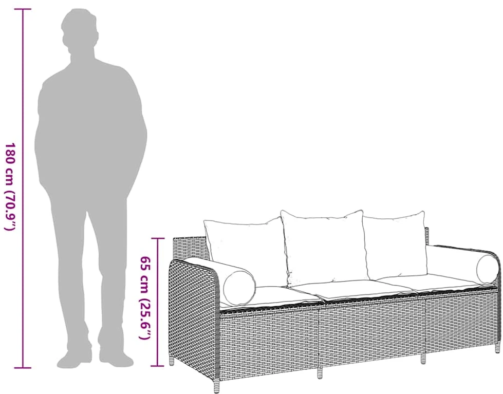 Sodo sofa su pagalvėlėmis, 3 sėdimos vietos, ruda, poliratanas